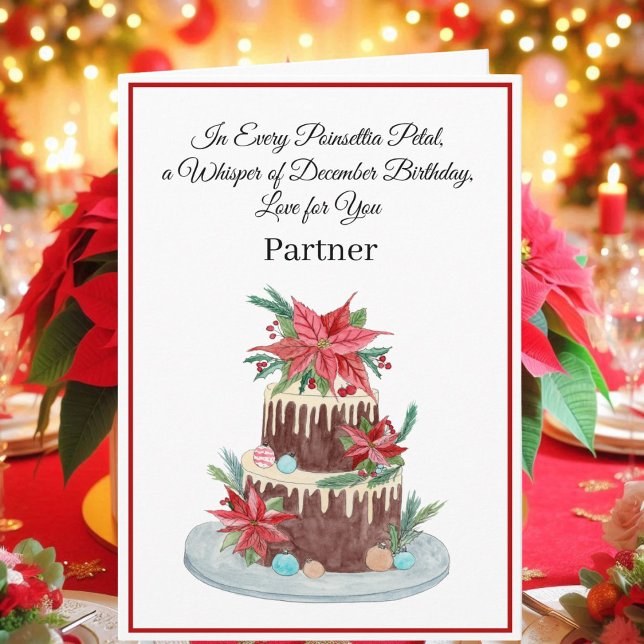 Partner December Birthday Cake Poinsettias Karte (Von Creator hochgeladen)