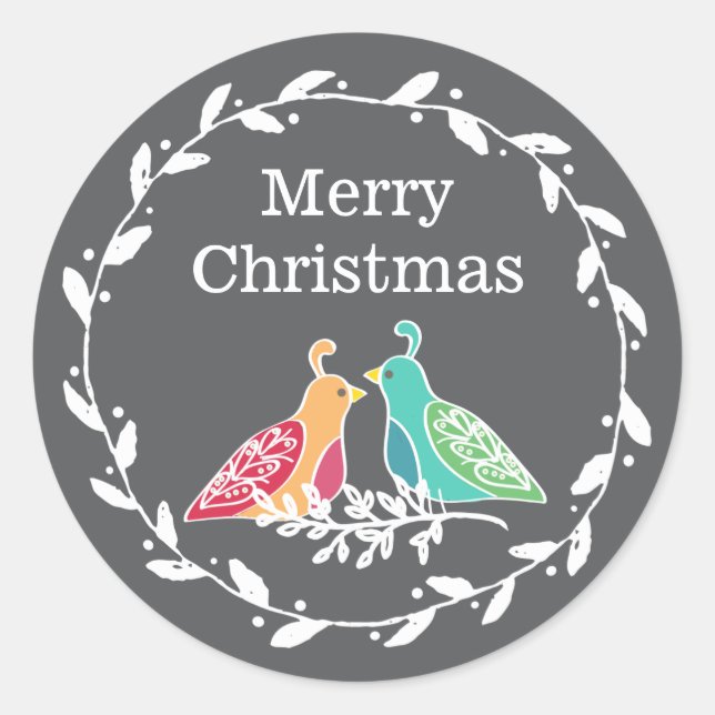 Partridge Birds Rustikaler Wreath Frohe Weihnachte Runder Aufkleber (Vorderseite)
