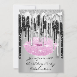 Party 16. Lips Kiss Black Pink Glitzer Tropfen Einladung