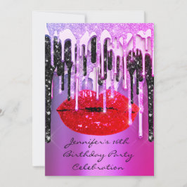 Party 16. Lips Kiss Black Pink Glitzer Tropfen Einladung
