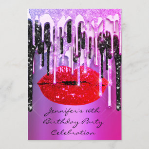 Party 16. Lips Kiss Black Pink Glitzer Tropfen Einladung