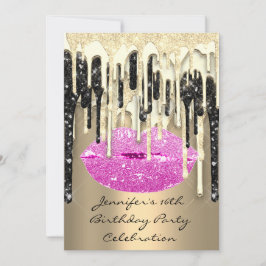 Party 16. Lips Kiss Black Pink Glitzer Tropfen Einladung
