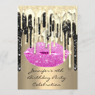 Party 16. Lips Kiss Black Pink Glitzer Tropfen Einladung