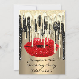 Party 16. Lips Kiss Black Red Glitzer Tropfen Einladung