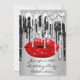 Party 16. Lips Kiss Black Red Glitzer Tropfen Einladung