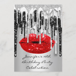 Party 16. Lips Kiss Black Red Glitzer Tropfen Einladung