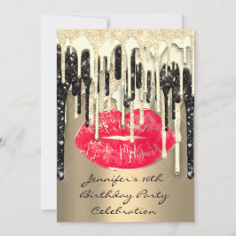 Party 16. Lips Kiss Black Red Glitzer Tropfen Einladung
