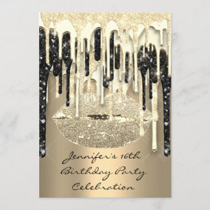 Party 16. Lips Kiss Black Silver Glitzer Tropfen Einladung