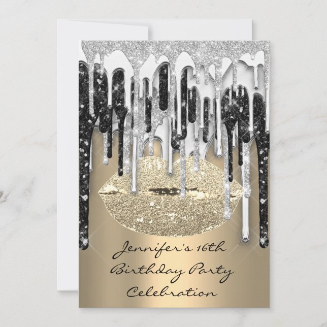 Party 16. Lips Kiss Gold Silver Glitzer Tropfen Einladung (Vorderseite)