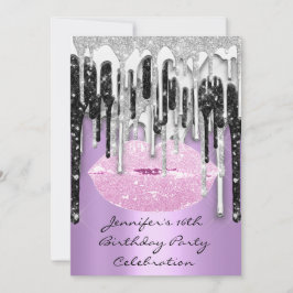Party 16. Lips Kiss Lila Pink Glitzer Tropfen Einladung