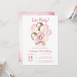 Party 6. Girl Birthday Pink Gold Ballon Einladung