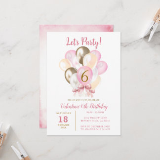 Party 6. Girl Birthday Pink Gold Ballon Einladung