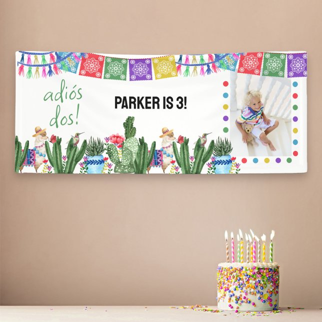 Party Adios Dos Mexican Fiesta Foto Banner (3rd Birthday Banner with photo and Mexican Fiesta theme of cactus and papel picado .. adios dos!)