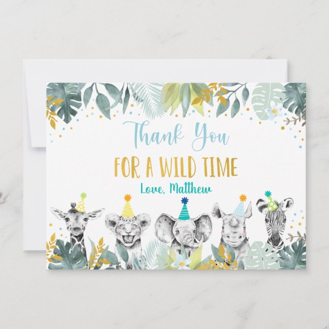 Party Animal Blue Gold Safari Anniversaire Merci (Devant)