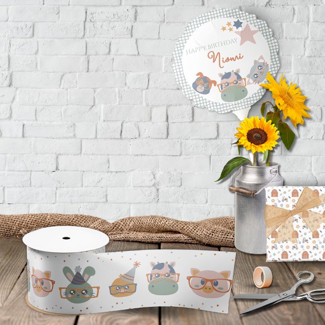 Party Animal Gift Wrap Ribbon Satinband (Farm Animal Birthday Pig Bunny Chicken Cow Dot Pattern)