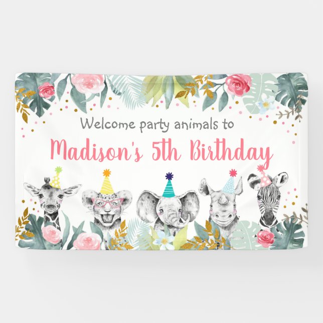 Party Animal Pink Gold Safari Geburtstag Banner (Horizontal)