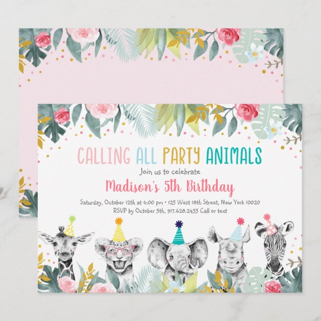 Party Animal Pink Gold Safari Geburtstag Einladung (Vorne/Hinten)