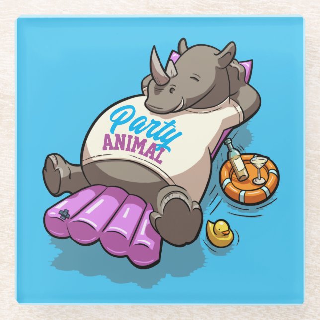 Party Animal Rhino Aufblasbare Matratze Cartoon Glasuntersetzer (Vorderseite)