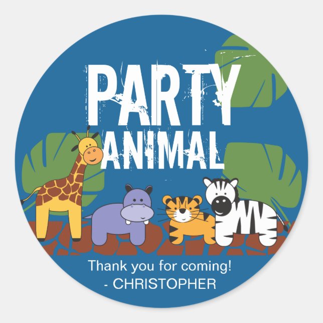 Party Animal Safari Thema Geburtstag blau Runder Aufkleber (Vorderseite)