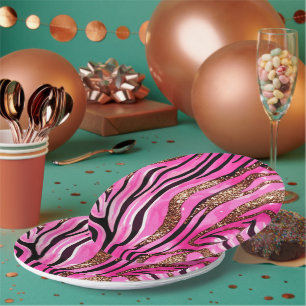Party Animal Tiger Print Papierbecher, rosa Glitte Pappteller