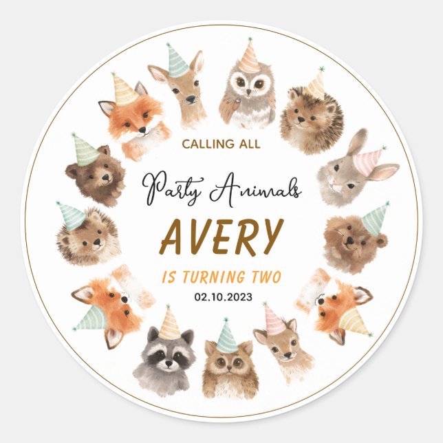 Party Animals 2nd Birthday | Cute Jungle Animal Runder Aufkleber (Vorderseite)