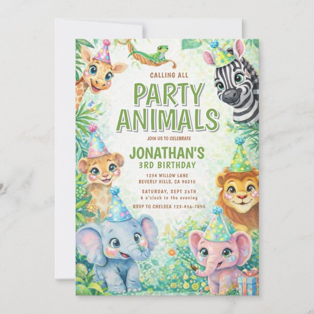 Party Animals Birthday Invitation | Safari Animal  Einladung (Vorderseite)
