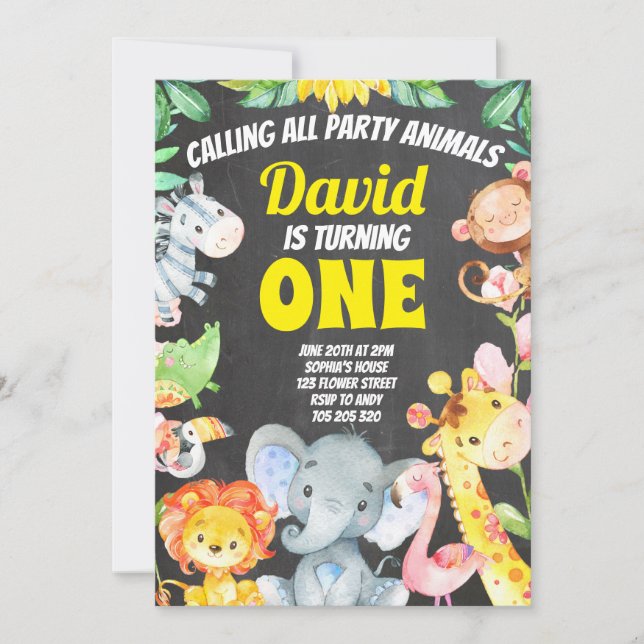 Party Animals Boy Birthday Safari Chalkboard Einladung (Vorderseite)