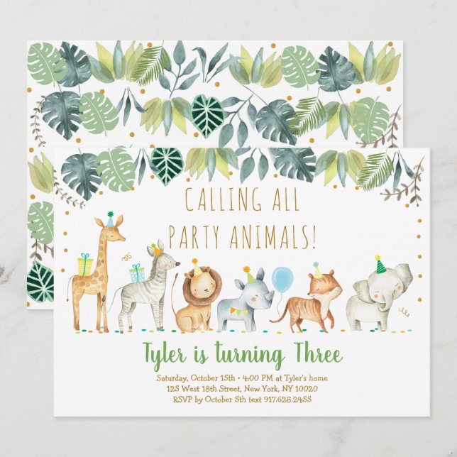 Party Animals Boy Safari Geburtstag Einladung (Vorne/Hinten)