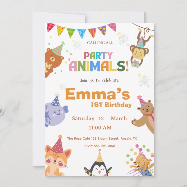 Party Animals First Birthday Invitation  Einladung (Vorderseite)