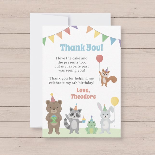 Party Animals Geburtstag Dankeskarte (Party Animals Birthday Thank You card with bear, raccoon, frog, rabbit, and squirrel)