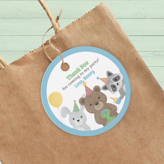 Party Animals Geburtstagsfeier Geschenkanhänger (Forest Friends party favor tag. A circular tag to attach to gifts. Cute party animals & custom text)