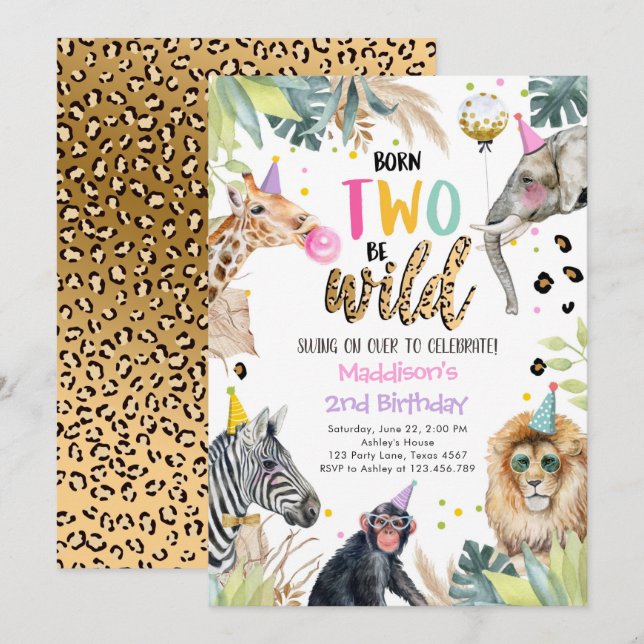 Party Animals Girl Safari 2. Geburtstag Einladung (Vorne/Hinten)