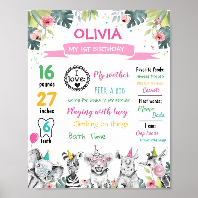 Party Animals Safari First Birthday Milestones Pos Poster (Vorne)