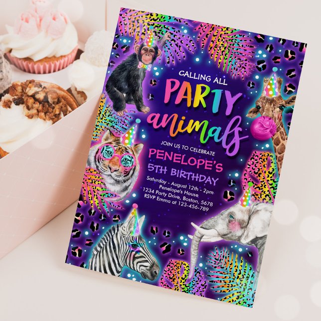 Party Animals Safari Neon Rainbow Cheetah Birthday Einladung (Von Creator hochgeladen)