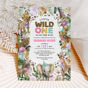 Party Animals Wild Safari Pink Lilac Baby Dusche I Einladung