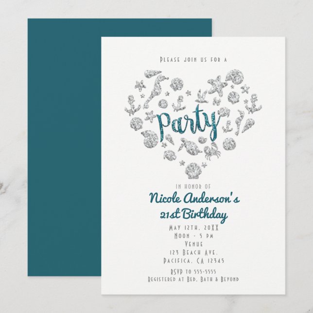 PARTY Aquamarin Beach Glam Diamant Herzlich willko Einladung (Vorne/Hinten)