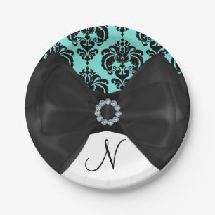 Party aquamariner u. schwarzer des Damast Bling Pappteller