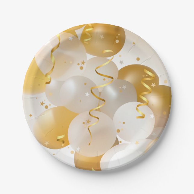 Party aus Gold und Weißballons Pappteller (Vorderseite)