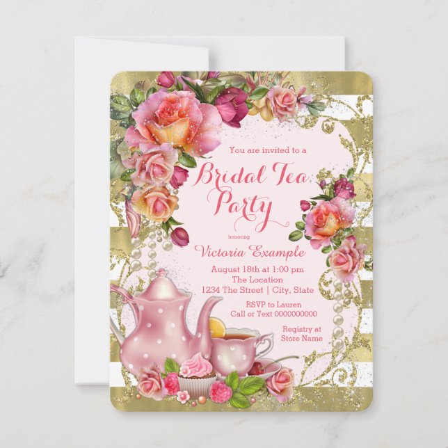 Party aus rosa und goldenem Tee Einladung (Vorderseite)
