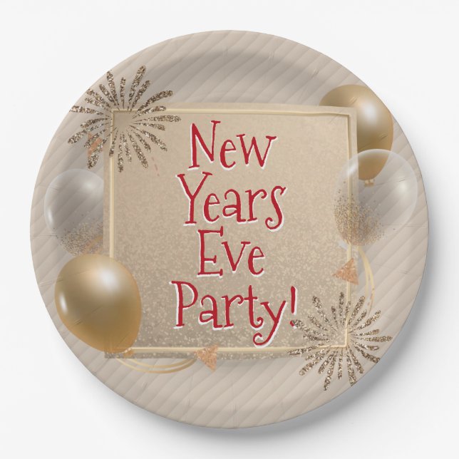 Party aus Silvester, Gold, Weißballons, Pappteller (Vorderseite)