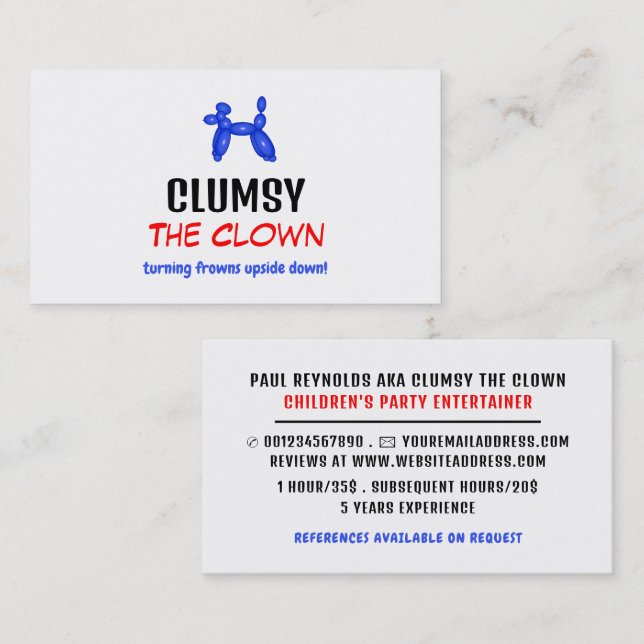 Party Ballon, Kinder Entertainer, Clown Visitenkarte (Vorne/Hinten)