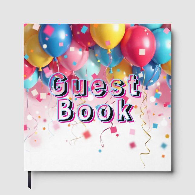Party Balloons Guest Book Gästebuch (Colorful balloons and confetti floating in the air creating a festive atmosphere!)