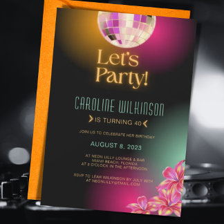 Party Black Orange Neon 40. Geburtstag Einladung