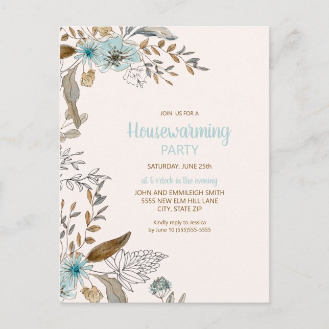 Party Blue Brown Floral Blätter Boho Postkarte (Vorderseite)