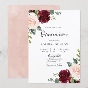 Party Blush Pink & Burgundy Rote Flora Quinceanera Einladung