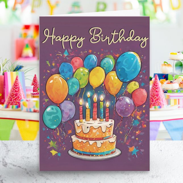 Party Bubloons zum Geburtstag Karte (A bright, colorful birthday card with picture of a cake with candles and balloons)