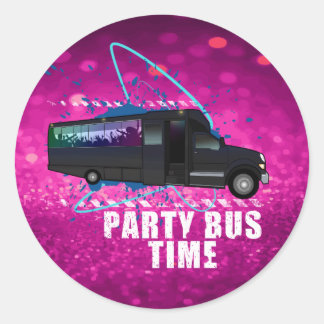 Party Bus Time Neon Nightlife Pink Glitter Runder Aufkleber