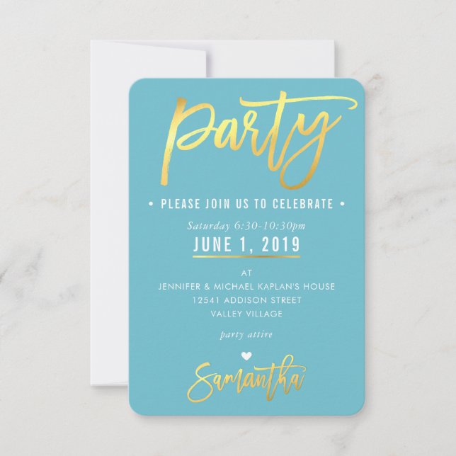 PARTY CARD niedlich türkisblaue, weiße Herzen Gold RSVP Karte (Vorderseite)