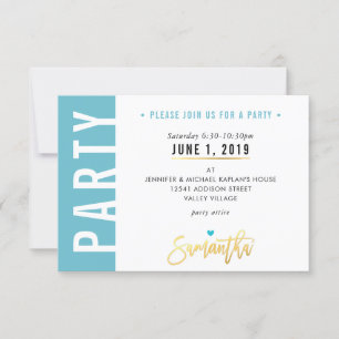 PARTY CARD niedlich türkisblaue, weiße Herzen Gold RSVP Karte