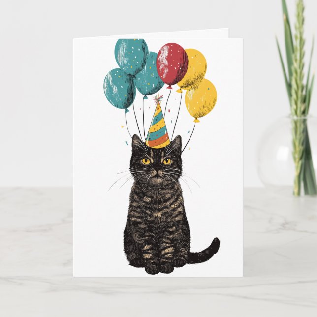 Party Cat Birthday Card - Niedliche Schwarze Katze Karte (Vorderseite)